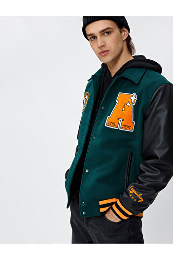 Koton College Jacket Classic Collar Eagle Embroidered Pocket Snap Button