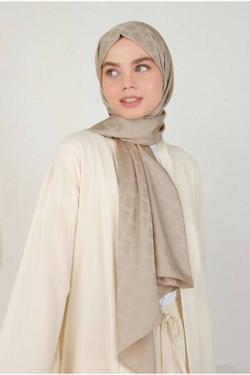 HEQA Mink Colored Jacquard Shawl - Logo Patterned