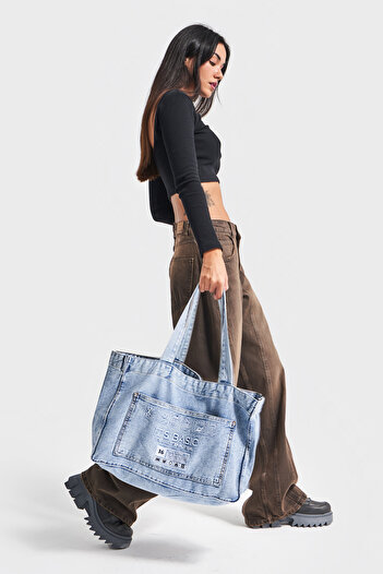 its basic Denim Color E3W427 White It's Basic Embroidered Gusseted Pocket Denim Bag