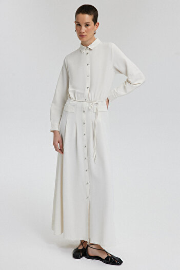 Touché Privé Linen Pleated Dress - Button Detail