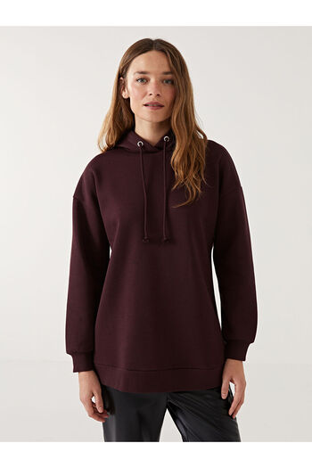 LC Waikiki LCW Modest Mürdüm Kapüşonlu Kadın Kalın Sweatshirt Tunik