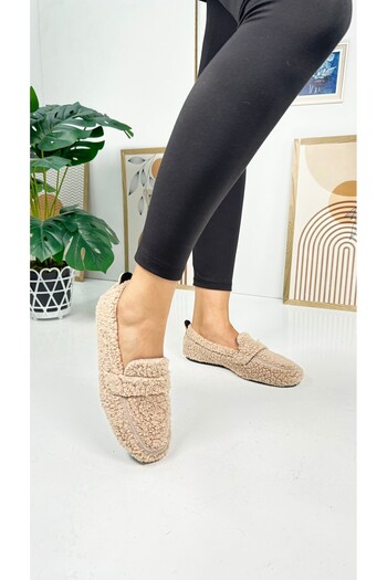 Nstil Casual Women's Mink Loafer Plush Lined Oval Toe Low Patterned Sole Shoes 375