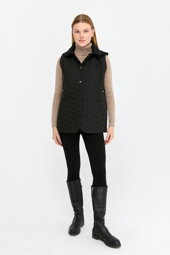 Desen Triko Women's Black Quilted Vest - Hooded and Side Pockets