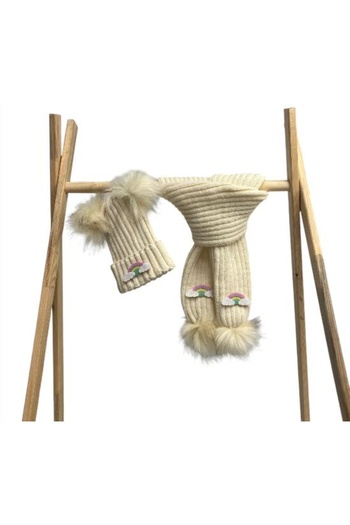 ESES BEBE Baby Girl's Cream Pompom and Daisy Felt Figured Scarf Beanie Set