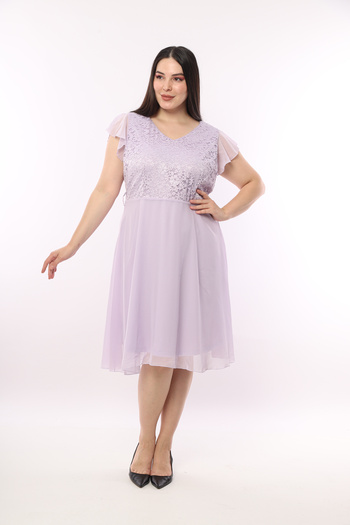 MAMAYAGA Women's V-Neck Half Sleeve Flounce Tulle Bell Skirt Guipure Stylish Curve Plus Size Dress