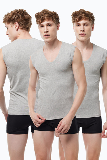 Malabadi Men's Gray 3-Pack V-Neck Non-Marking Modal Sleeveless Undershirt 064