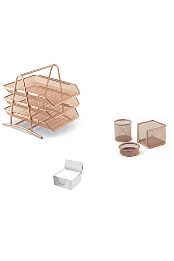 Mas Rose Gold Metal Table Set - 3-Piece Document Rack, 3-Piece Perforation and Cube Note Holder