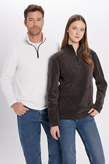 Tudors Unisex Standart Fit Anti-pilling Tüylenme Yapmayan Soğuk Geçirmez Füme Dik Bato Yaka Polar Sweatshir