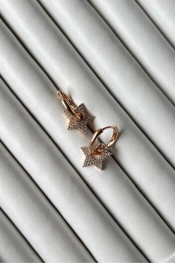 Ceren Star Patterned Stone Steel Hoop Earrings Set