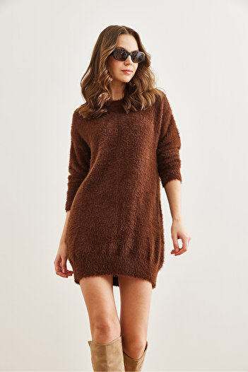 Olalook Women's Bitter Brown Crew Neck Soft Textured Beard Dress Elb- 19002302