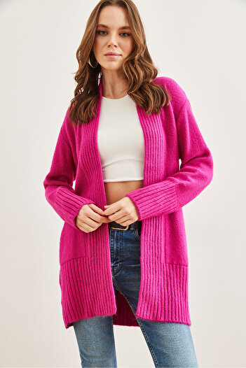 Olalook Women's Fuchsia Pocket Collar Detailed Soft Textured Knitwear Cardigan Hrk- 19000322