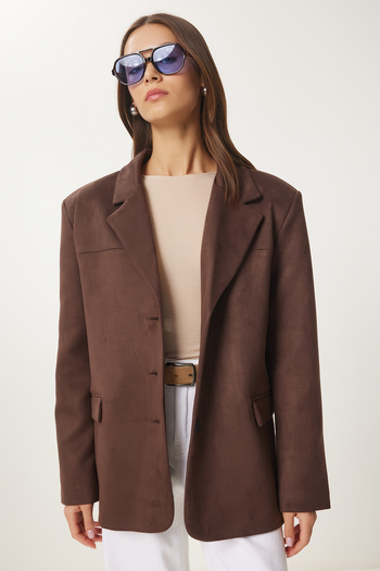Happiness İstanbul Women's Dark Brown Premium Suede Blazer Jacket Fn03443