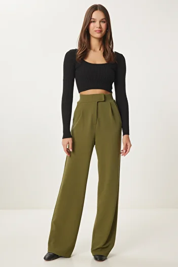 Happiness İstanbul Women's Khaki Waist Velcro Comfortable Woven Pants Rv00150