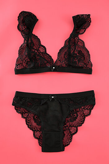 Trendyol Collection Black Lace Ribbon/Bow Capless Strap Knitted Underwear Set Thmaw25Cc00023