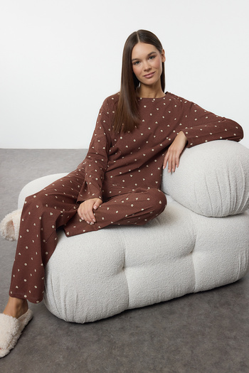 Trendyol Collection Polka Dot and Heart Knitted Pajamas Set - Brown, 100% Cotton Thmaw25Pt00039