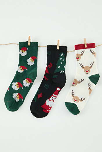 Trendyol Collection Multicolor 3 Pack Christmas Themed Jacquard Knitted Socks Tedaw25Co00014