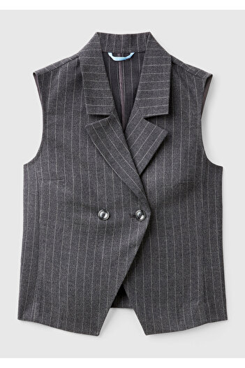 United Colors of Benetton Women's Anthracite Viscous Blended Buttoned Striped Pointed Neck Double Breasted Vest