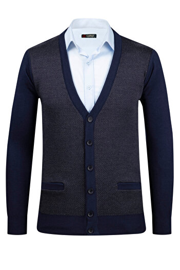 Çizgi Triko Men's Striped Knitwear Oversize Cardigan - Patterned Sleeve, Elastic Waist, Steel Knit, Classic Fit - 5014Mb