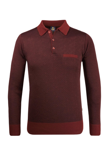 Çizgi Triko Large Size Men's Polo Sweater - Claret Red Pattern, Elastic Sleeve and Waist, Steel Knit -4807Fb