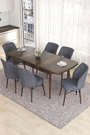 Canisa Concept Eva Serisi 80x132 Açılabilir MDF Mutfak Masası Takımı Barok Desen Masa 6 Füme Sandalye