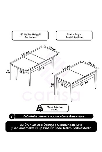 Canisa Concept Via Serisi 80x132 Açılabilir Mutfak Masası Takımı Beyaz Masa