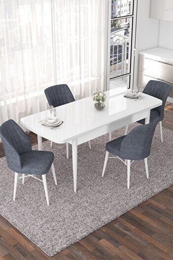Canisa Concept Nef Serisi 70x114 Açılabilir Mdf Beyaz Mutfak Masası Takımı Ve 4 Füme Sandalye