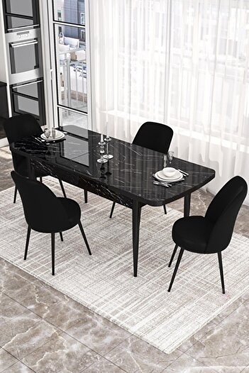 Canisa Concept Kor Serisi 70x114 Açılabilir Mutfak Masası Takımı Siyah Mermer Desen Masa 4 Siyah Sandalye