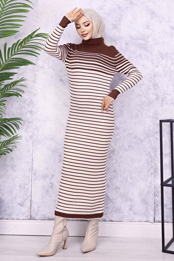 benguen 6143 Model Brown Turtleneck Striped Knitwear Dress