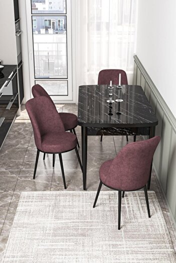 Canisa Concept Kor Serisi 70x114 Açılabilir Mutfak Masa Takımı, Siyah Mermer Masa+4 Gülkurusu Sandalye