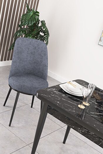 Canisa Concept Nil Serisi 70x110 Sabit Mutfak Masası Takımı Siyah Mermer Desen Masa 4 Füme Sandalye