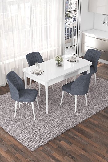 Canisa Concept Nef Serisi 70x114 Açılabilir Mdf Beyaz Mutfak Masası Takımı Ve 4 Füme Sandalye