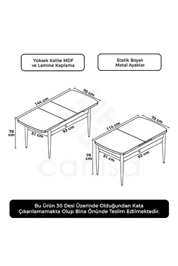 Canisa Concept Han Serisi 70x114, Açılabilir Mdf Mutfak Masası, Yemek Masası, Beyaz