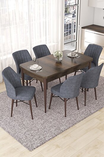 Canisa Concept Nef Serisi 70x114 Açılabilir Mdf Barok Ahşap Desen Masa Takımı Ve 6 Füme Sandalye