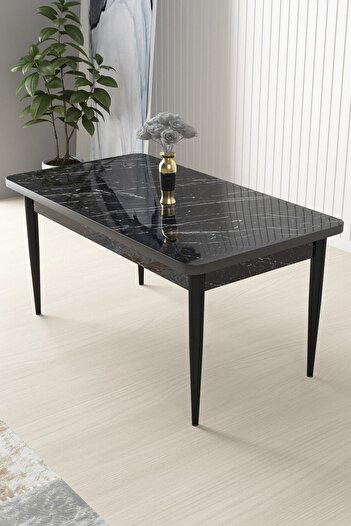Canisa Concept Nil Serisi 70x110 Sabit Mutfak Masası Takımı Siyah Mermer Desen Masa 4 Füme Sandalye
