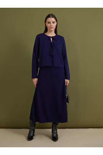 Benin Navy Blue Benin Knitwear Cardigan and Skirt Set - Lacing Detail