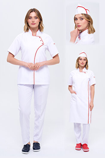 TIPTEKS Women's Comfort White Chef Jacket and Cap - Red Piping / White Suspender Apron White Pants Set