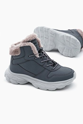 Tonny Black Çocuk Unisex Füme Faylon Taban İçi Kürklü Lastik Bağcıklı Bot
