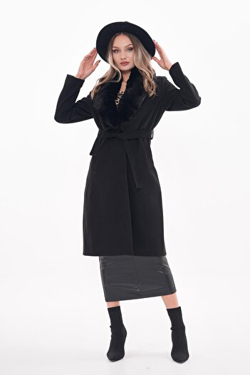 ŞİMAL Women's Cashew Coat with Feather Detail on the Collar 245346   -
