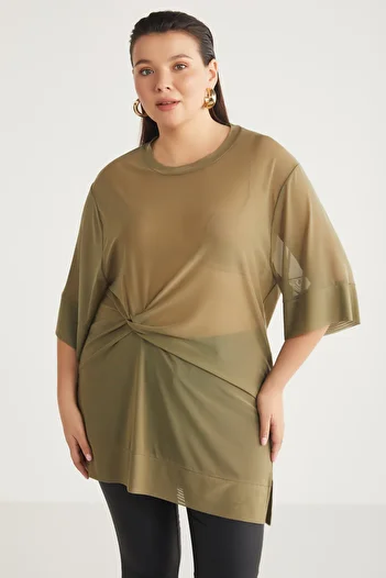 ETHIQUET Yukınbb Women's Drape Detailed Mesh Fabric Round Neck Khaki Large Size Tunic
