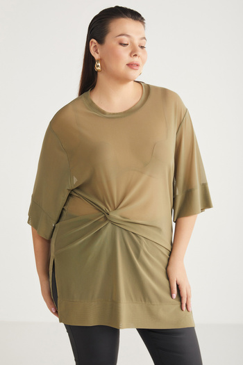ETHIQUET Yukınbb Women's Drape Detailed Mesh Fabric Round Neck Khaki Large Size Tunic
