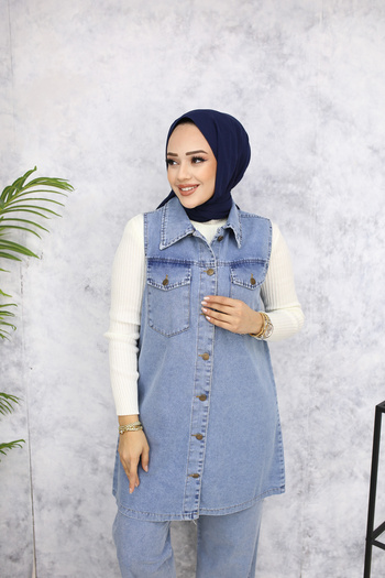 ALLMİRA FASHION Double Hijab Suit with Snow Blue Denim Vest