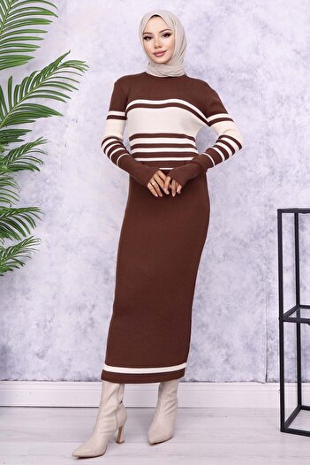 benguen 6146 Model Brown Turtleneck Knitwear Dress
