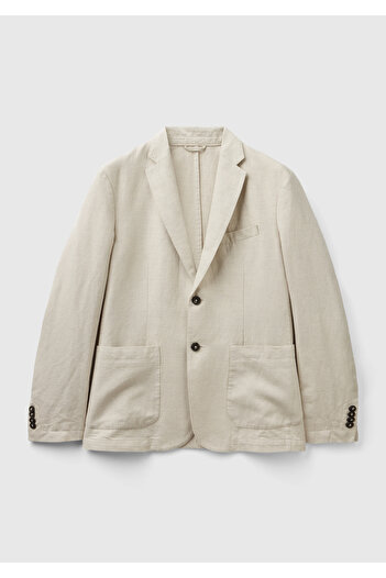United Colors of Benetton Men's Beige Linen Blended Ribbed Pocket Detailed Double Button Blazer Jacket