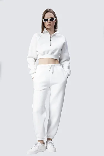 soBasic Σετ Demi Sweatpants με όρθιο γιακά με φερμουάρ και λεπτομέρεια ελαστικών ποδιών - Λευκό