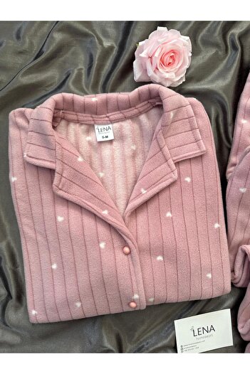Lena Homewears Pudra Yıldız Desenli Düğmeli Polar Pijama Takımı
