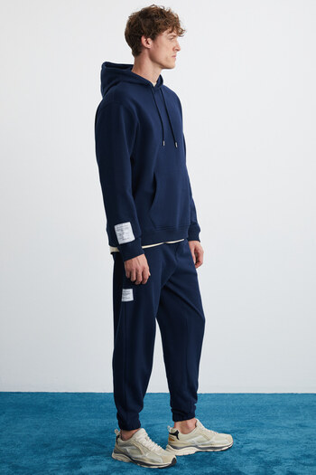 GRIMELANGE Ashbourne Men's Oversize Kangaroo Pocket Sleeve Label Detailed Organic Cotton Navy Blue Tracksuit Set