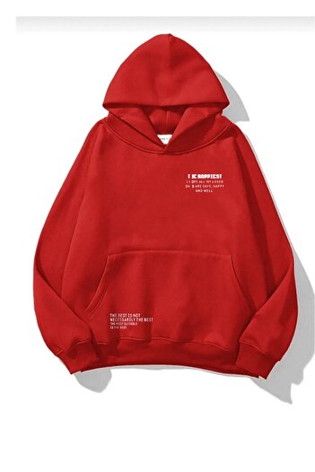 Altamira Φούτερ με κουκούλα Unisex Red Happiest με στάμπα μεγάλου μεγέθους