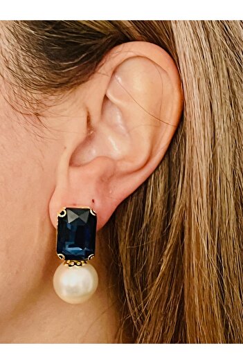COCOSH TAKI Petrol Blue Crystal Jewelled Pearl Detailed Stylish Evening Dress Elegant Design Earrings
