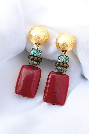 PETEK AKSESUAR Natural Stone Design Earrings Claret Red