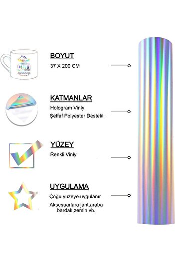 Rabadon Kendinden Yapışkanlı Hologram Gökkuşağı Rainbow Folyo Renkli Kaplama Folyosu 37cm X 100cm